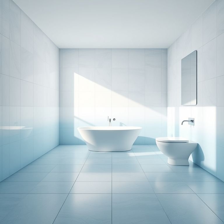 Banheiro com piso em degradê de azul para branco, design moderno e iluminação natural.