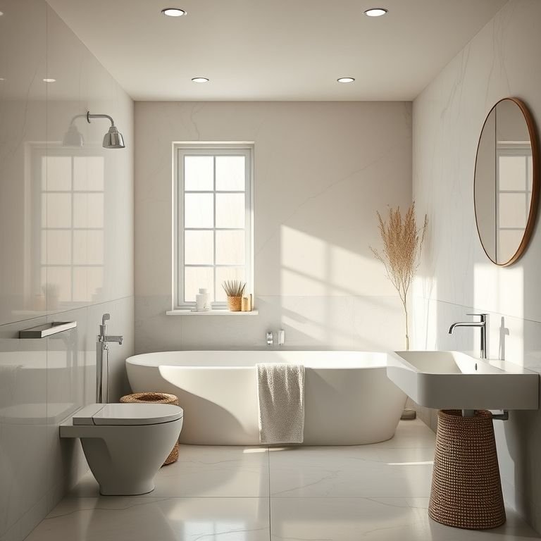 Banheiro com porcelanato acetinado, iluminação suave e atmosfera aconchegante.