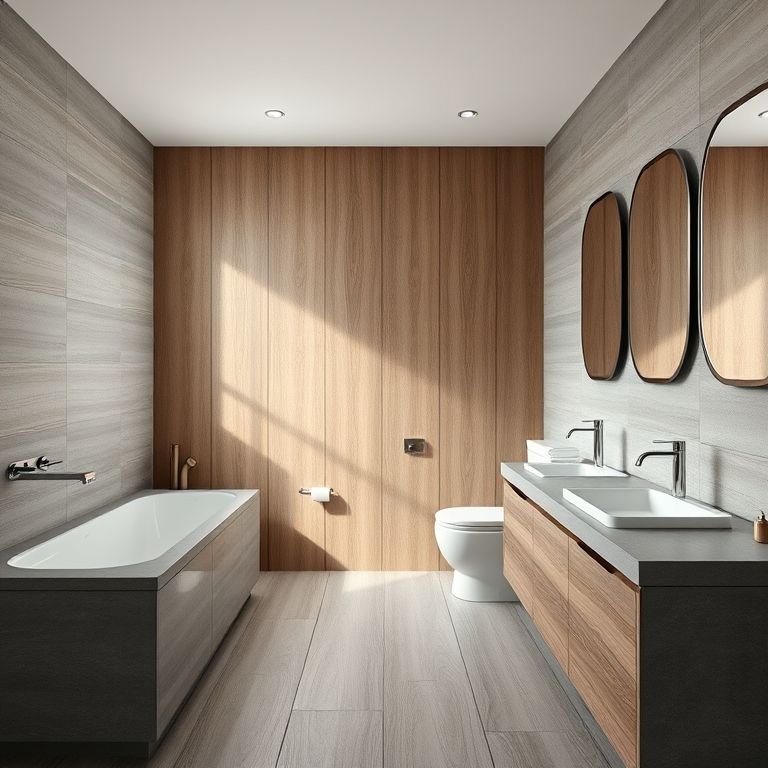 Banheiro com porcelanato amadeirado e bancadas cinzas.