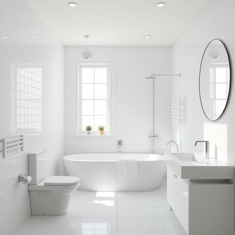 Banheiro com porcelanato branco, claro e arejado, com design clean.