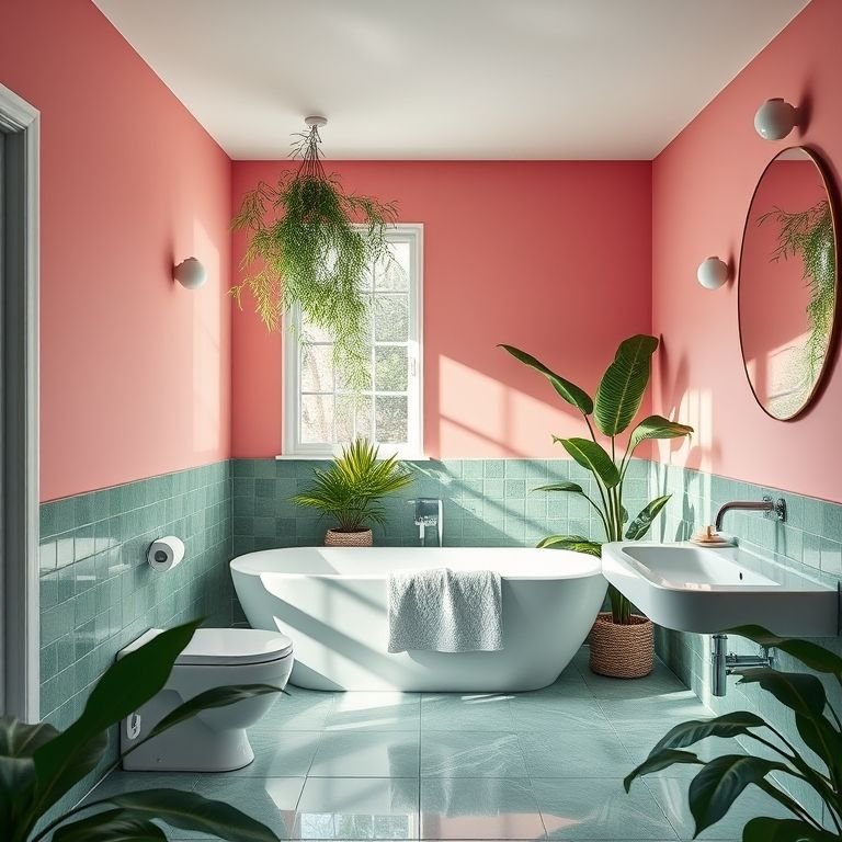 Banheiro com porcelanato esmaltado, cores vibrantes e plantas tropicais.