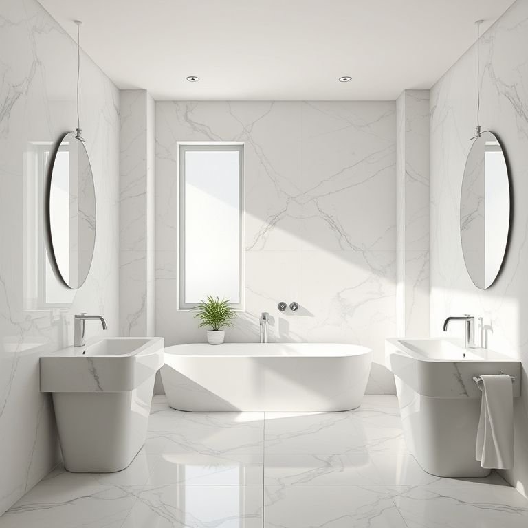 Banheiro com porcelanato marmorizado, design elegante e tons claros.