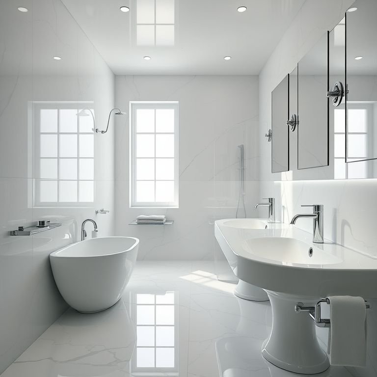 Banheiro com porcelanato polido, superfícies reflexivas e acessórios elegantes.