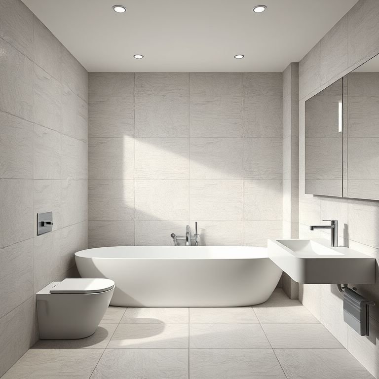 Banheiro com revestimento 3D, paredes texturizadas e design moderno.