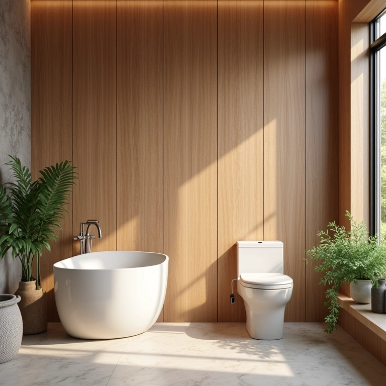 Banheiro com revestimento de madeira, criando um visual natural e sofisticado.