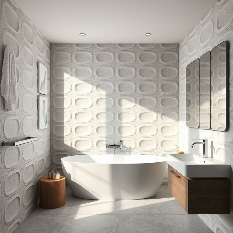 Banheiro com revestimentos 3D para paredes com textura.