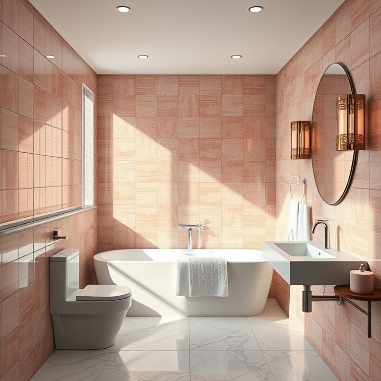 Banheiro com revestimentos em rose gold, design moderno e elegante.