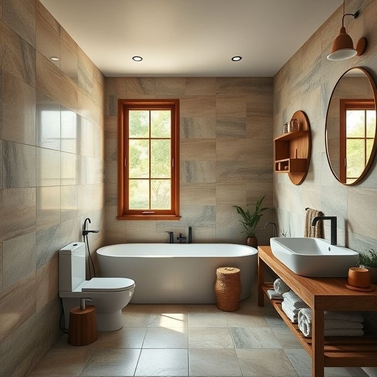 Banheiro com revestimentos que imitam a natureza.