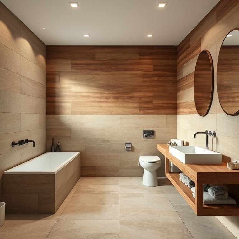 Banheiro com revestimentos que remetem à natureza, como pedra natural e painéis de madeira.