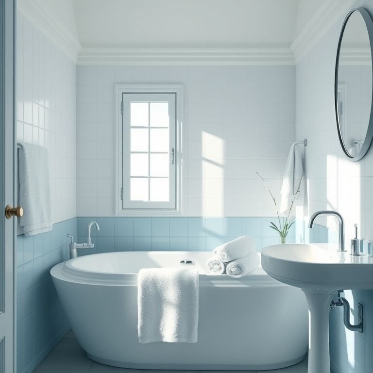 Banheiro com toalhas brancas macias e felpudas, detalhes em azul e iluminação natural.