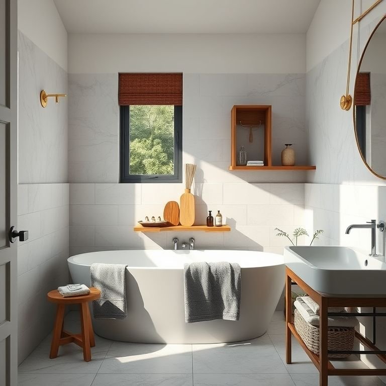 Banheiro com toalhas cinzas e acessórios de madeira.