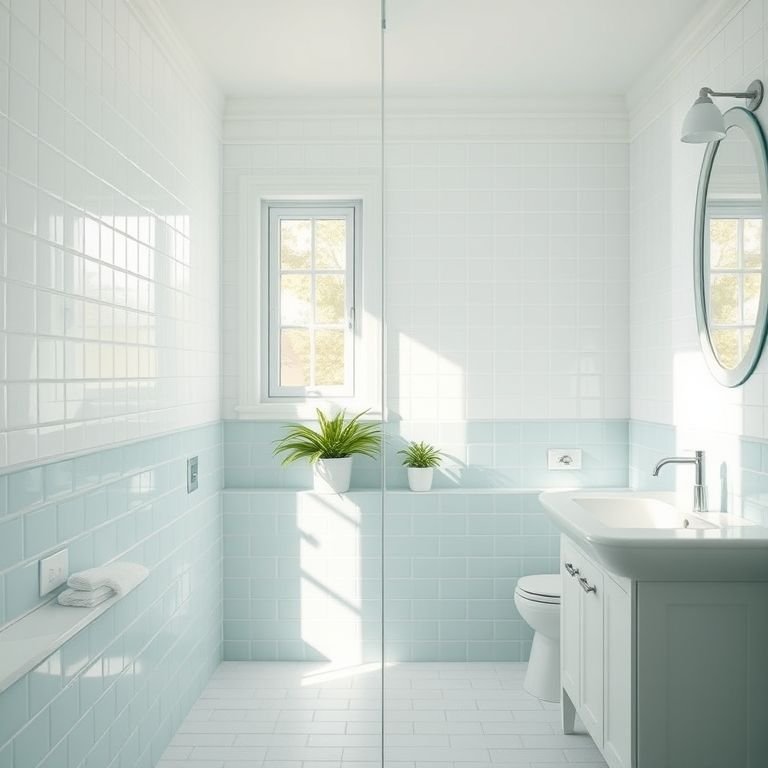 Banheiro com tons claros e suaves, azulejos azul claro e verde pálido.