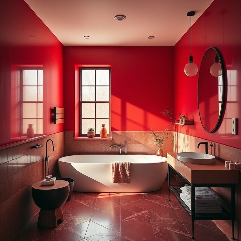 Banheiro com tons de vermelho paixão e design ousado.
