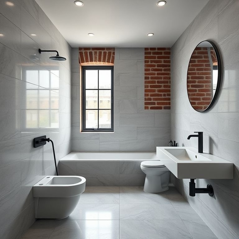 Banheiro com travertino Silver e toque industrial.