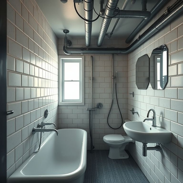 Banheiro com tubulações e fios aparentes.