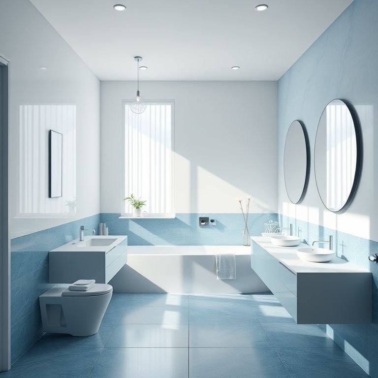 Banheiro com um grande espelho que amplia o espaço e reflete a luz natural.