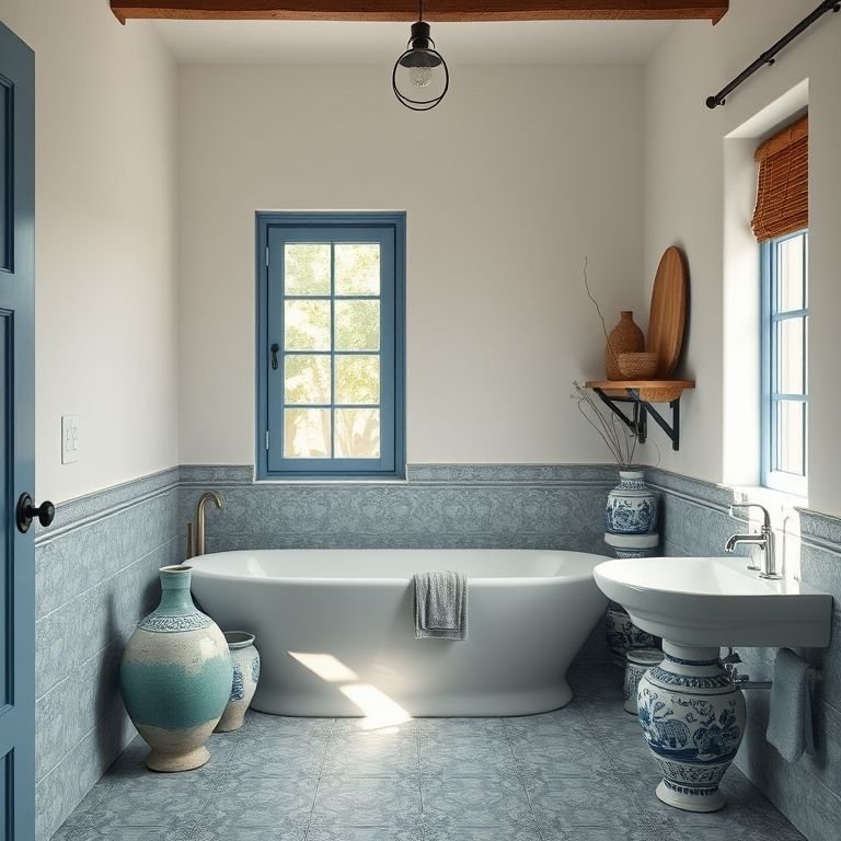 Banheiro com vasos de cerâmica que adicionam um toque rústico e elegante.