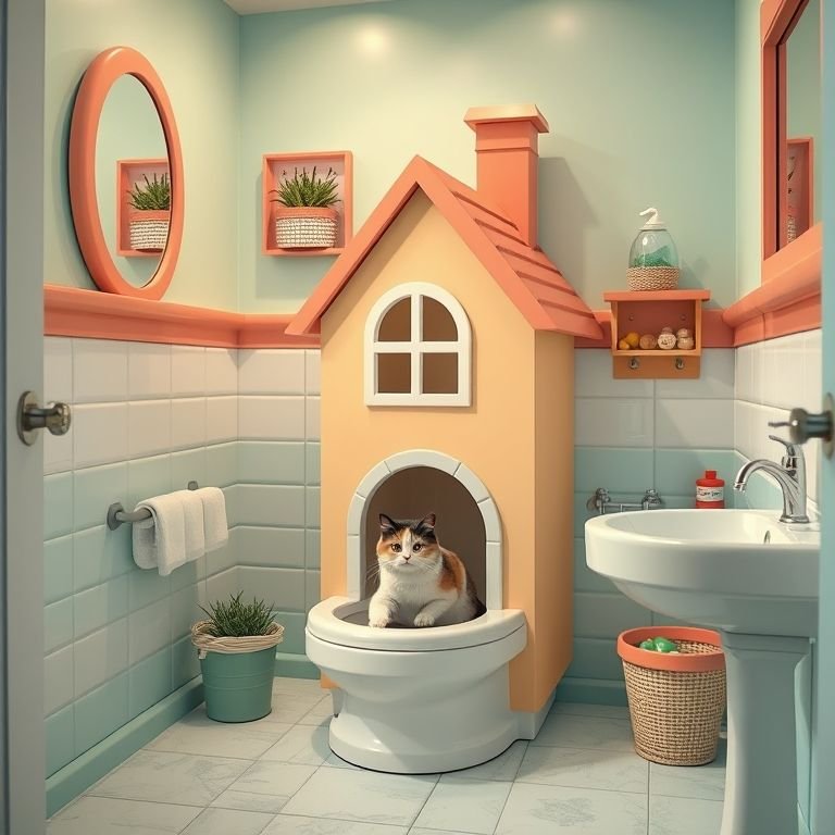Banheiro de gato fechado em formato de casinha.