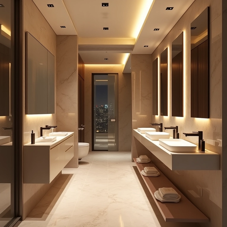 Banheiro de luxo com iluminação estratégica e moderna.