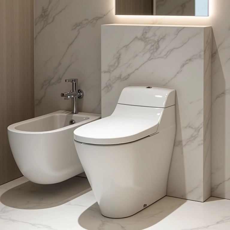 Banheiro de luxo com louças sanitárias de design.