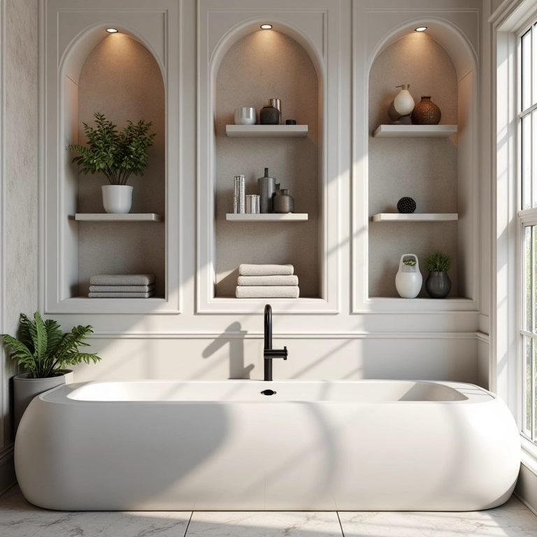 Banheiro de luxo com nichos e prateleiras funcionais.