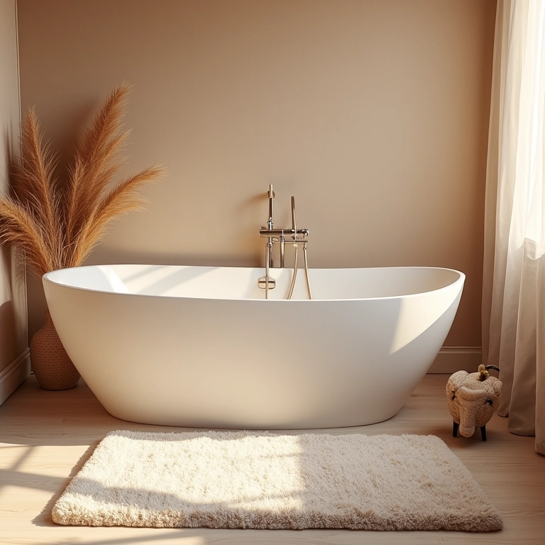 Banheiro de luxo com tapetes felpudos e confortáveis.