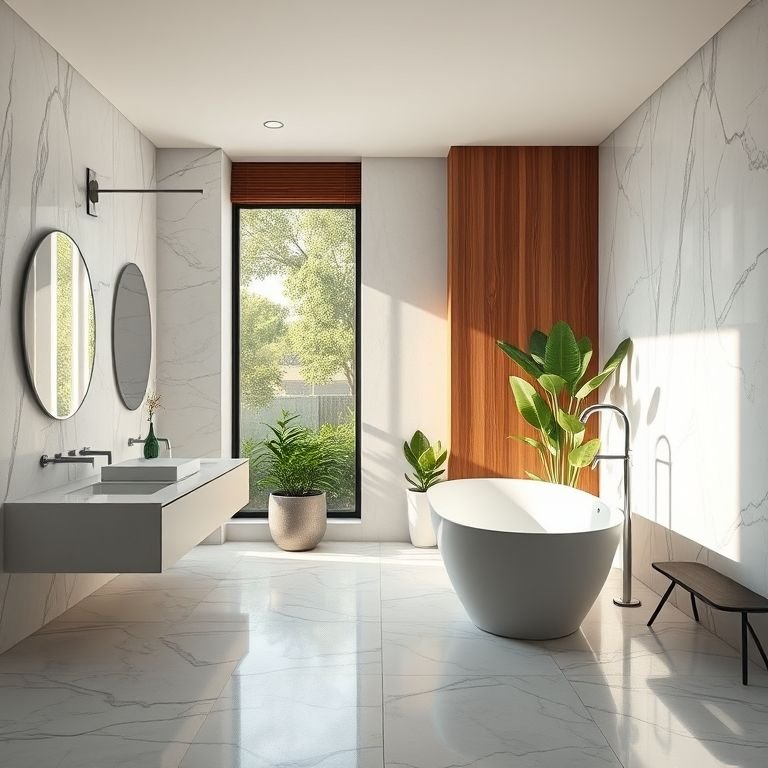 Banheiro de luxo moderno com iluminação natural e detalhes em mármore e madeira.