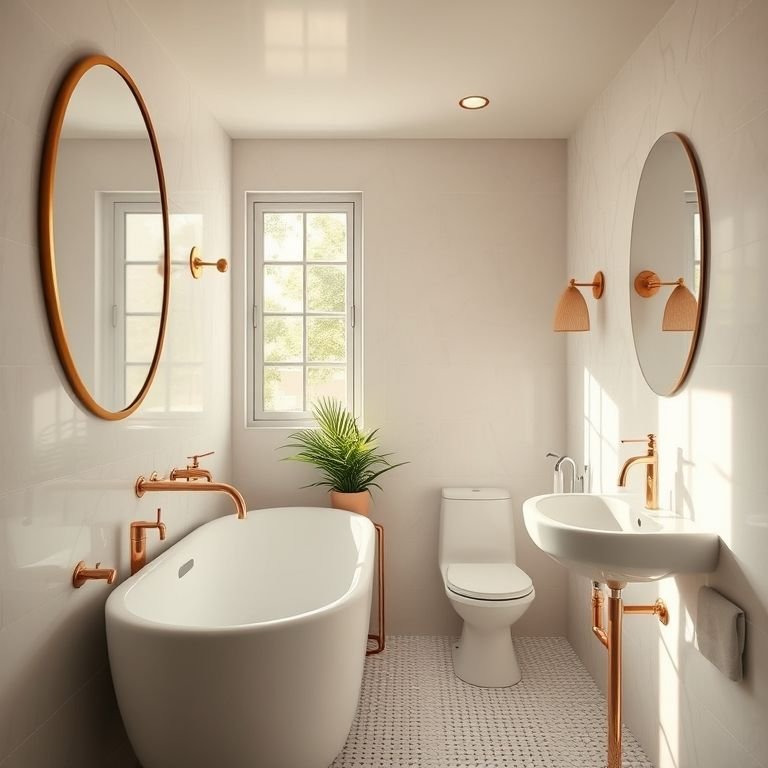 Banheiro decorado com detalhes em rose gold, iluminação natural e design elegante.