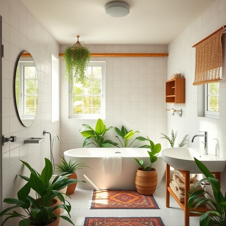 Banheiro ecológico com design sustentável e iluminação natural.