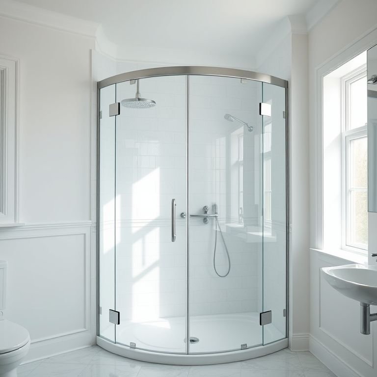 Banheiro elegante com box de vidro e acessórios cromados.