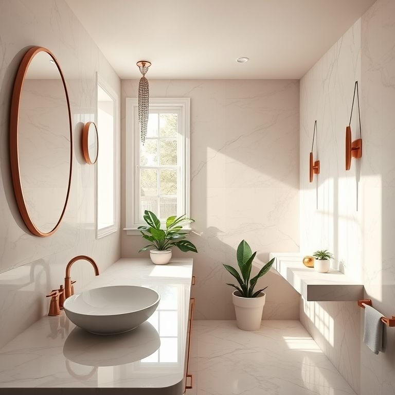 Banheiro elegante com detalhes em rose gold, bancada de mármore e iluminação natural.