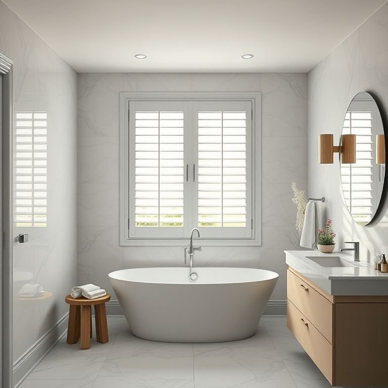 Banheiro elegante com janela veneziana 80x60, privacidade e controle de luz.