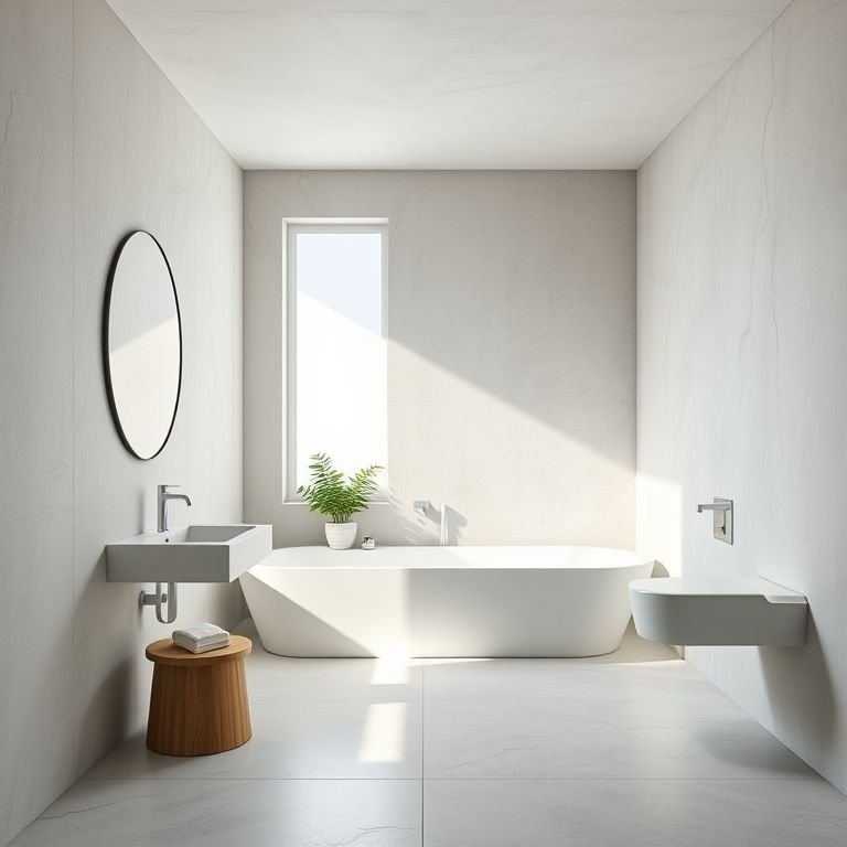 Banheiro elegante e iluminado com cimento queimado branco.