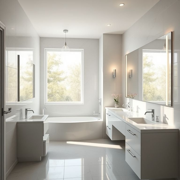 Banheiro em L bem iluminado com grande janela e iluminação integrada.