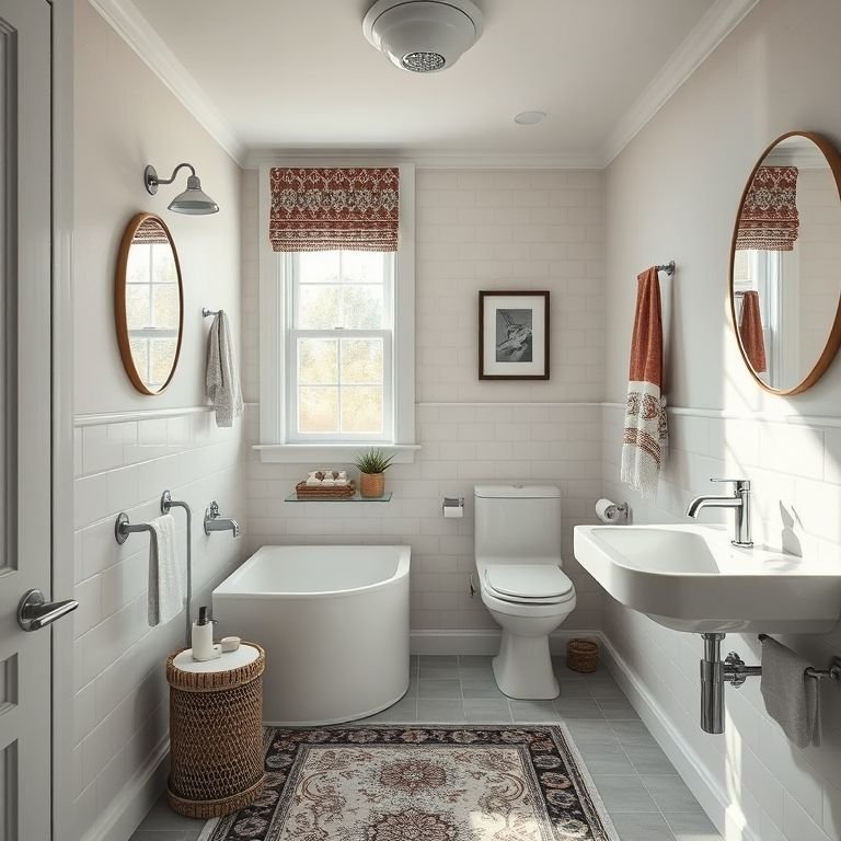 Banheiro em L com acessórios estilosos e personalizados.