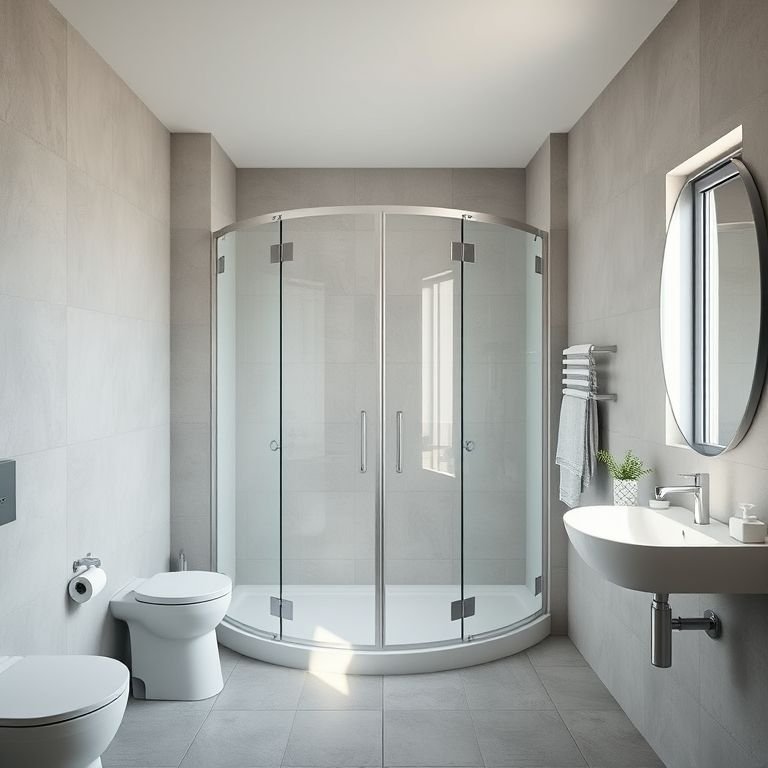 Banheiro em L com box de canto e portas de vidro.