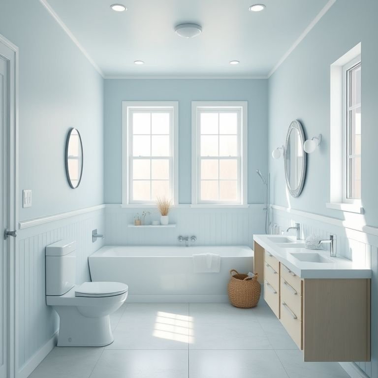 Banheiro em L com cores claras e iluminação natural.