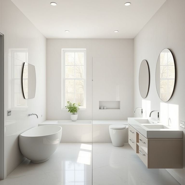 Banheiro em L com design arquitetônico inteligente e funcional.