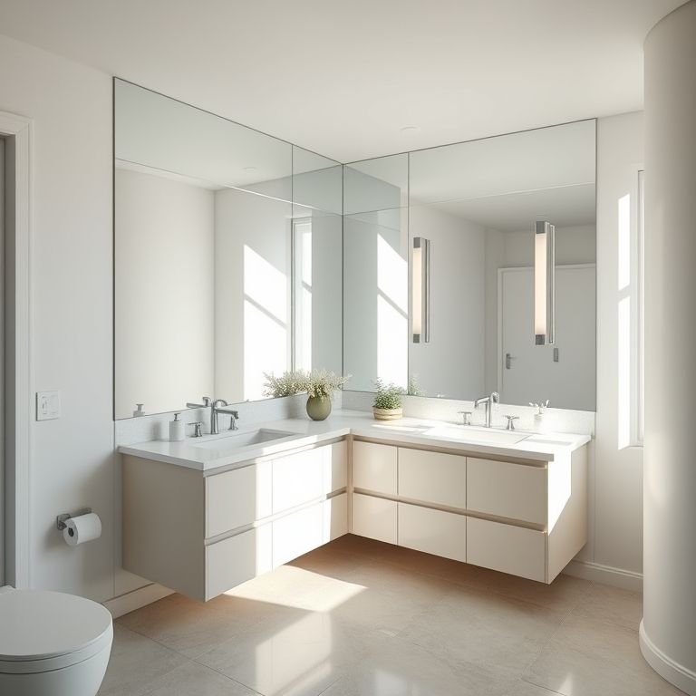 Banheiro em L com espelho grande ampliando o espaço.