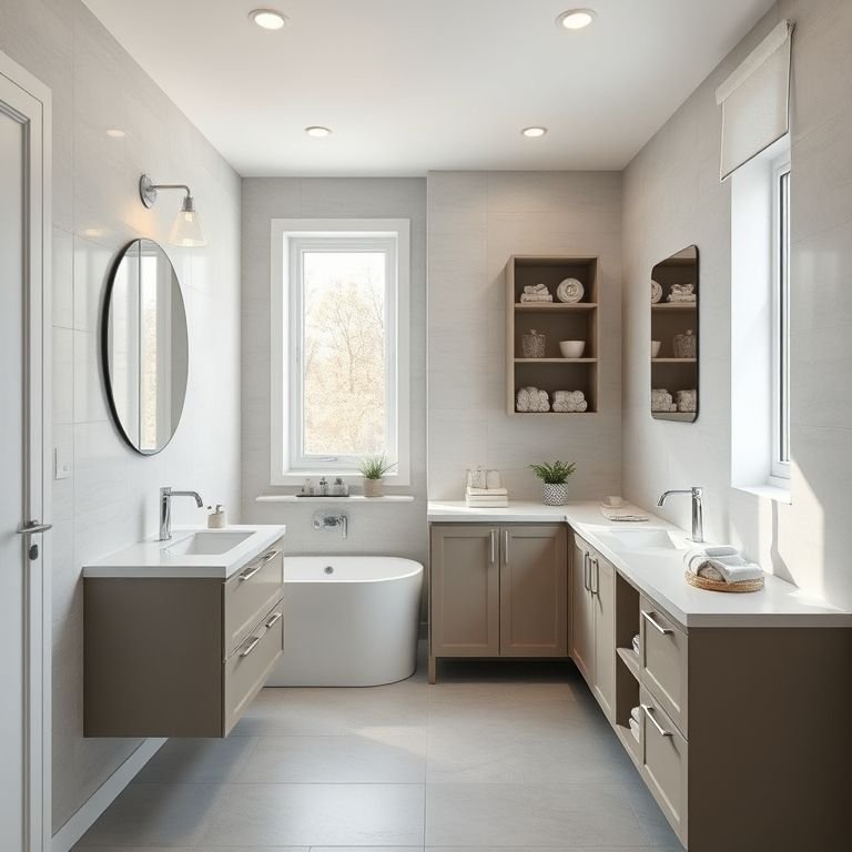 Banheiro em L com móveis planejados sob medida.