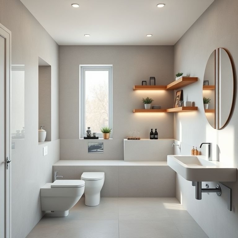 Banheiro em L com nichos embutidos e prateleiras flutuantes.