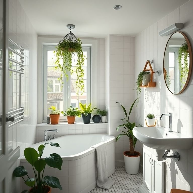 Banheiro em L com plantas em vasos na janela.