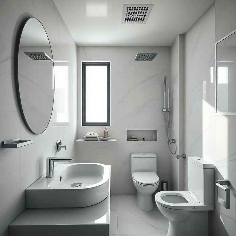 Banheiro em L com produtos de alta qualidade e design elegante.