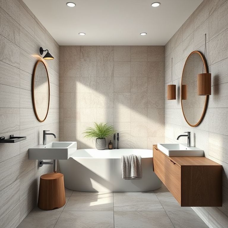 Banheiro em L com revestimentos diversos, combinando texturas e materiais.