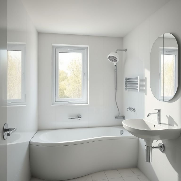 Banheiro em L com ventilação natural e exaustor discreto.