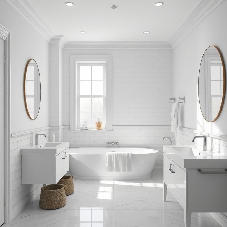 Banheiro em tons de branco e cinza, destacando a elegância e a versatilidade da combinação.