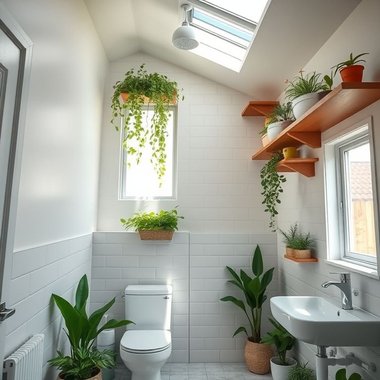 Banheiro embaixo da escada com prateleiras altas e jardim vertical.