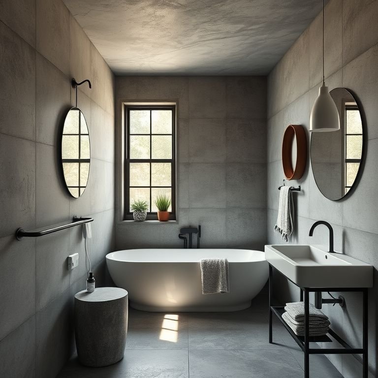 Banheiro estilo industrial com paredes de cimento e detalhes em metal.