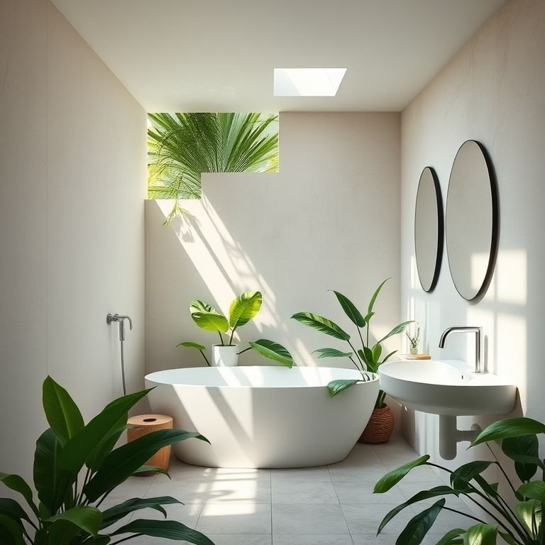 Banheiro externo simples com plantas tropicais e iluminação natural.