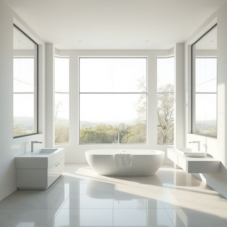 Banheiro grande com janelas amplas e iluminação natural abundante.